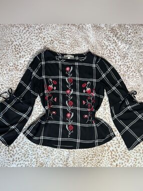 LOFT Black Plaid Long-Sleeve Top with Red Floral Embroidery